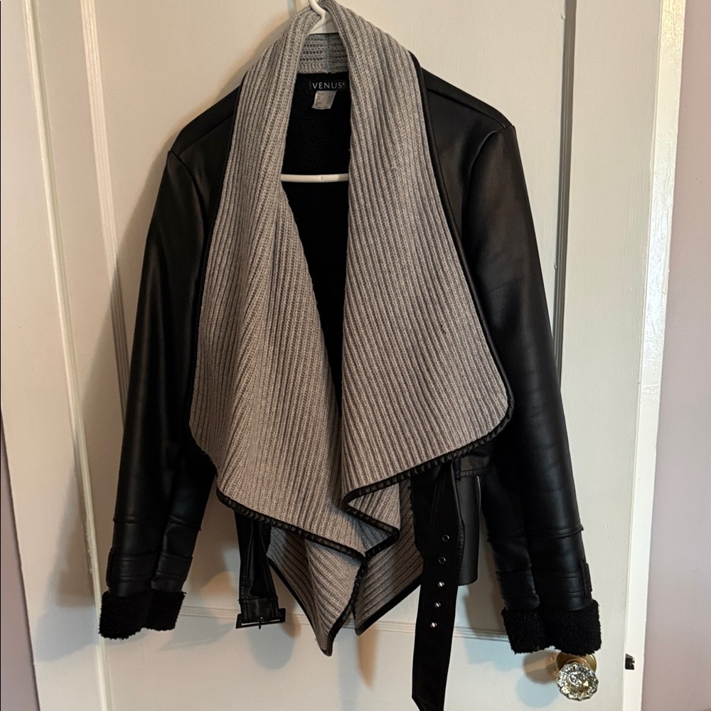 VENUS Black Vinyl Jacket with Gray Knit Collar